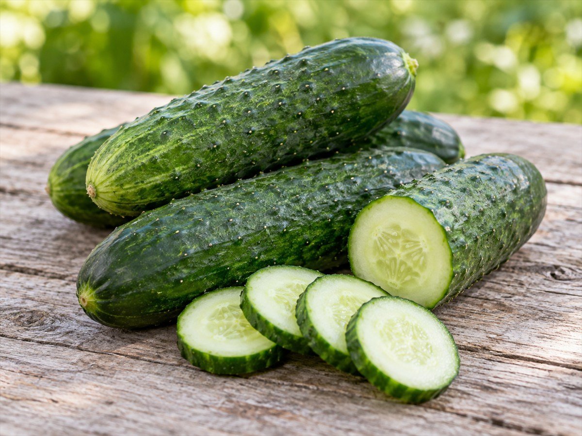 Fresh green cucumbers with crisp sliced rounds