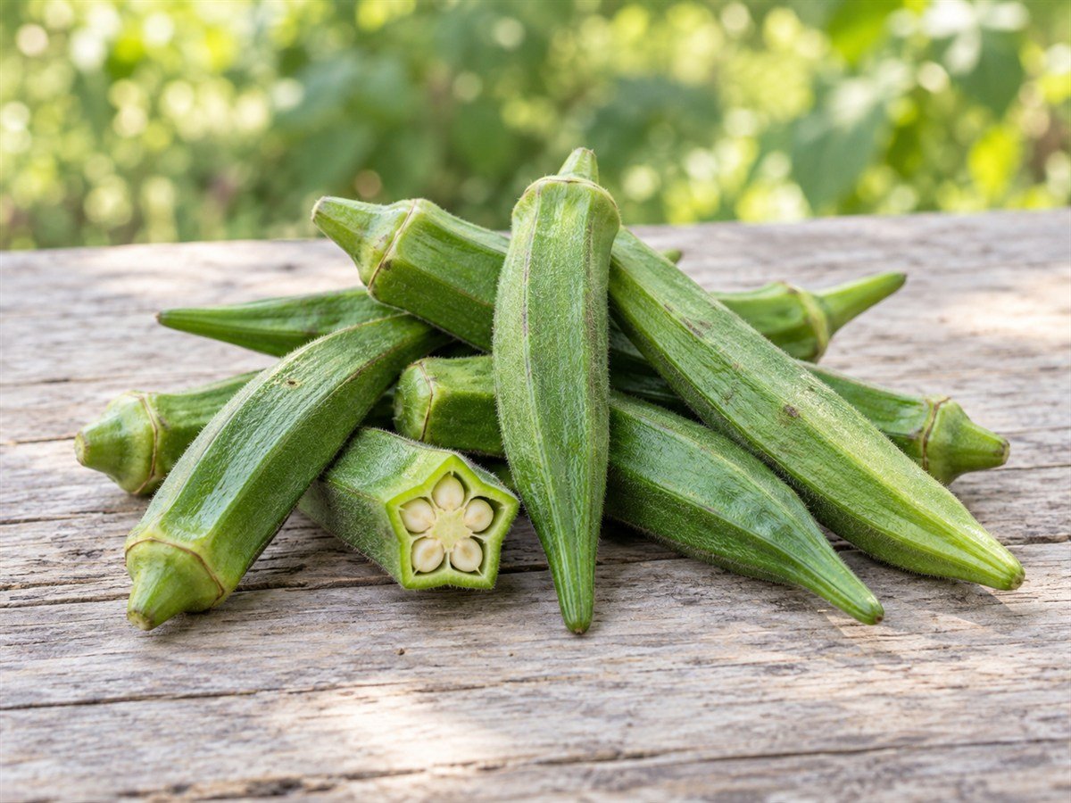 Tender green okra pods with a star-shaped cut section