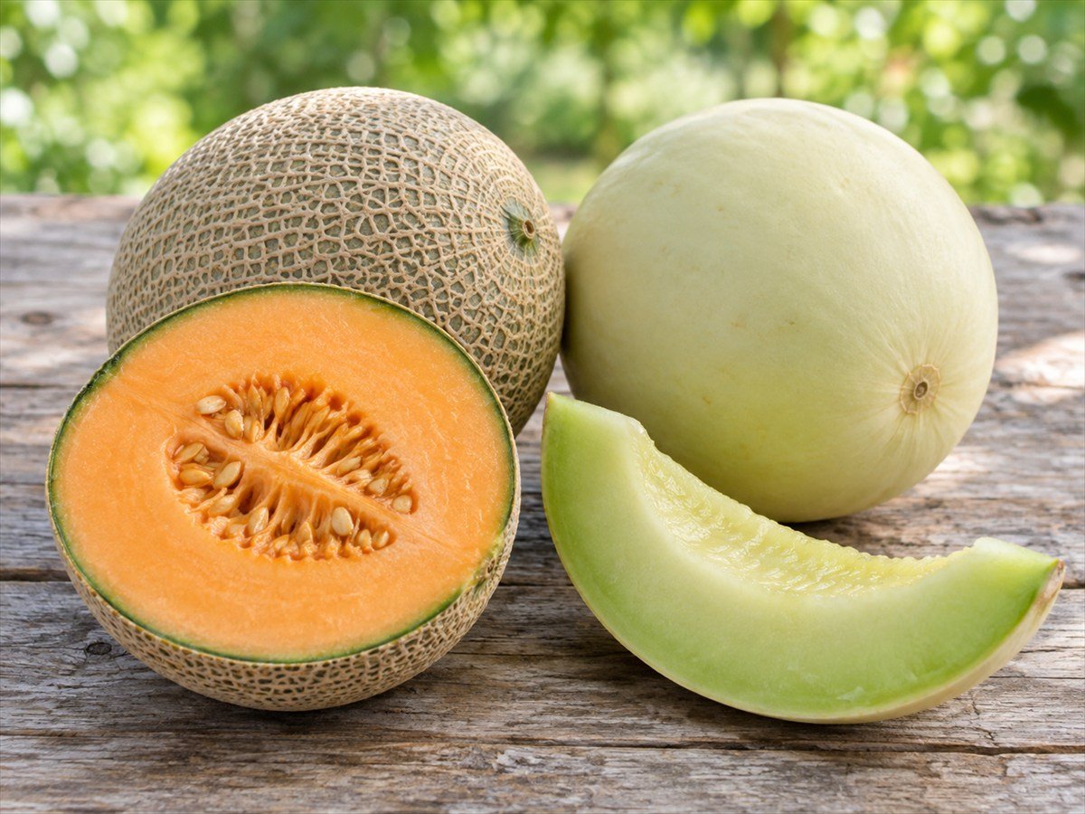 Honeydew melons and netted cantaloupes, whole and sliced