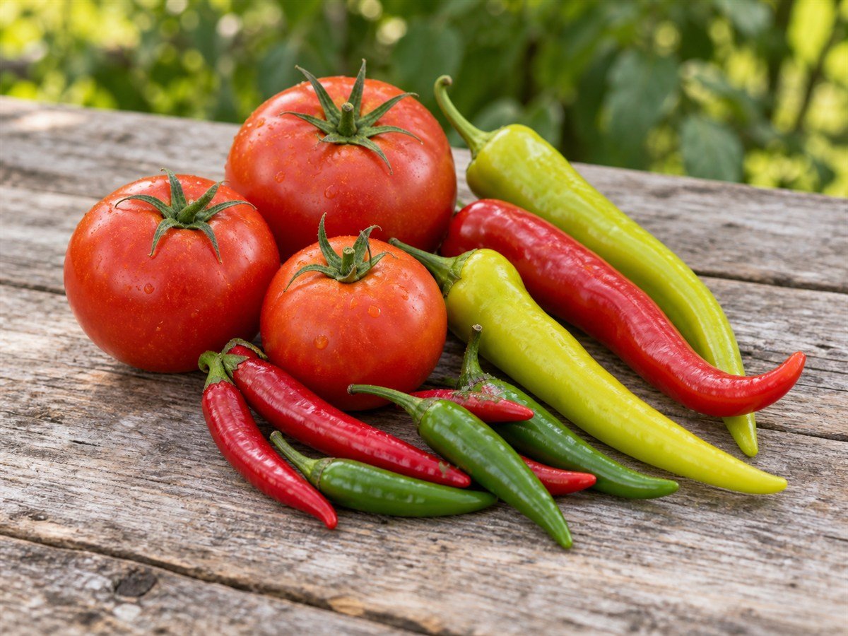 Fresh tomatoes and red chillies on weathered wood