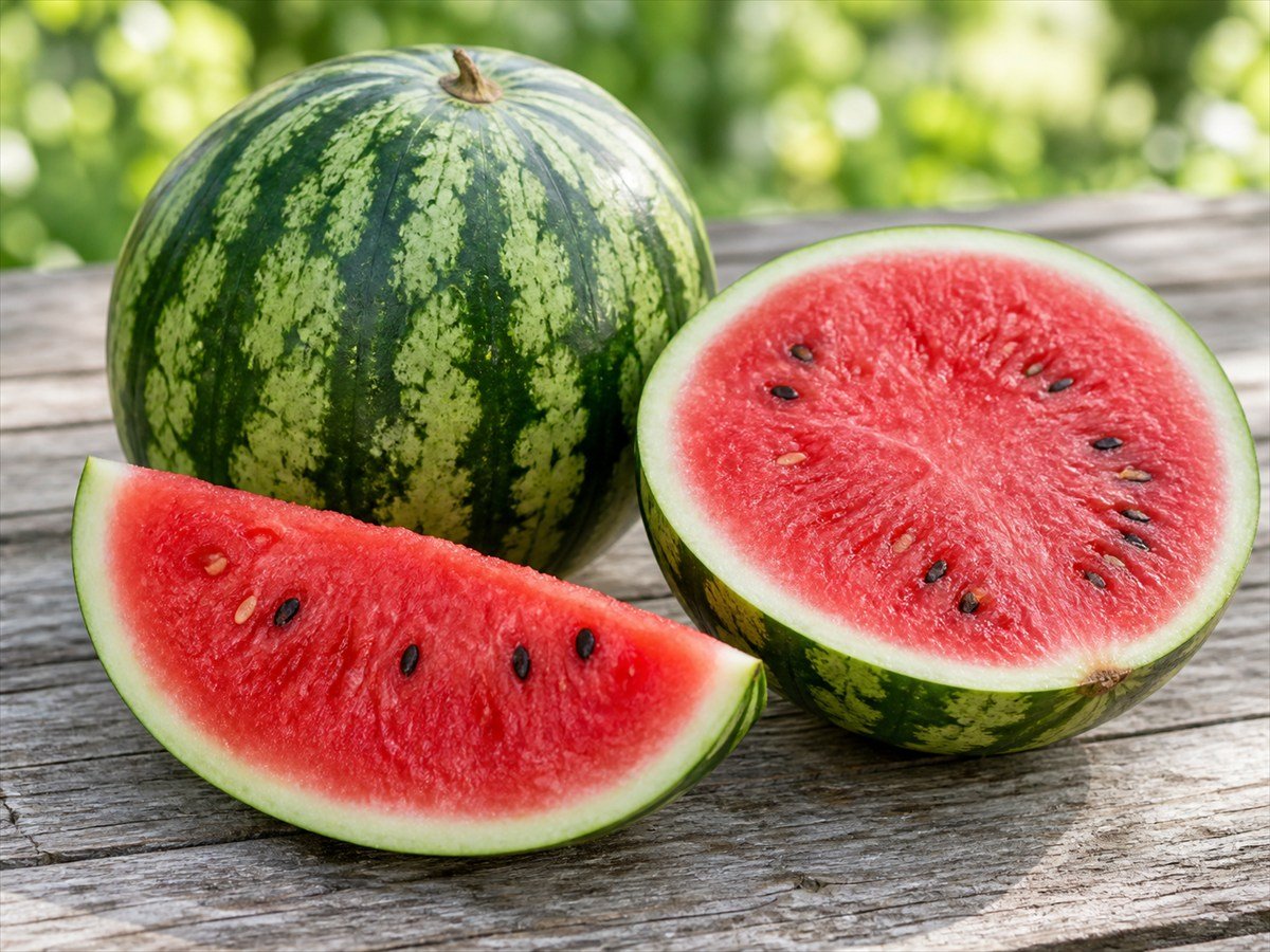 Whole and cut watermelons with juicy red flesh