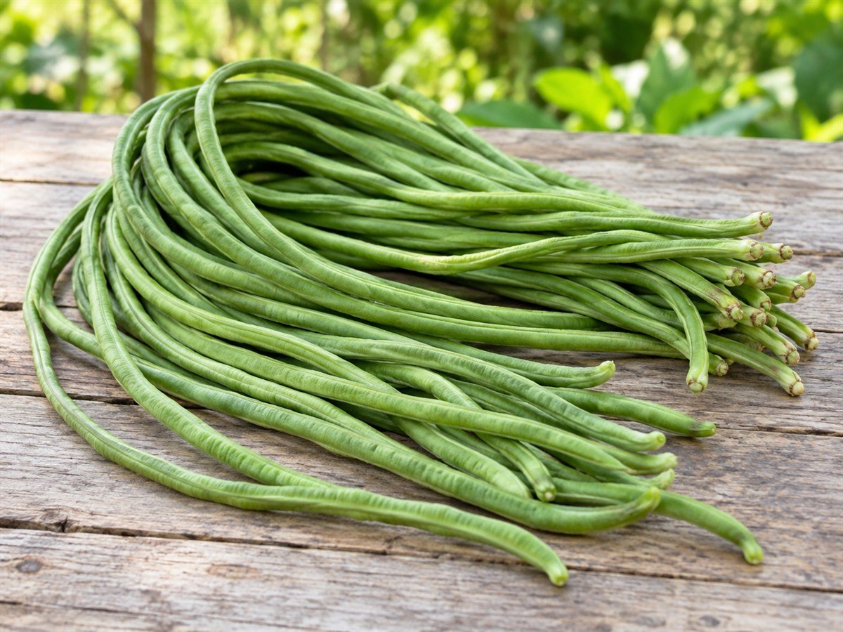 Long, slender green yardlong beans gathered after harvest